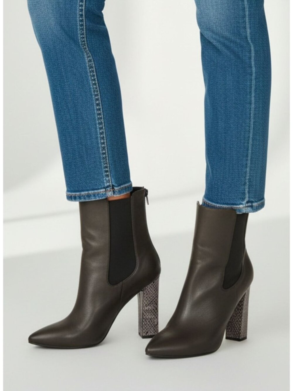 Snakeskin Heel Ankle Boots With Side Zipper & Stretch Panel In Dark Taupe & Blac